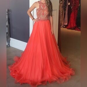 Jovani COUTURE $5,400 Coral Beaded Halter Ball Gown